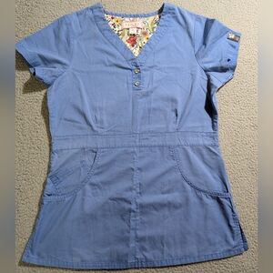 Koi By Kathy Peterson Women`s Solid Blue Short Sleeve Medical Scrub Top Size S